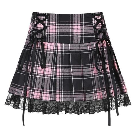 Lace Up Goth Y2k Pink Stripe Plaid Lace Trim Pleated Skirt
