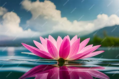 Premium Ai Image Pink Lotus Flower Floating In The Water With Clouds