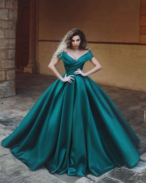 Gorgeous V Neck Off The Shoulder Long Satin Dark Green Prom Dresses