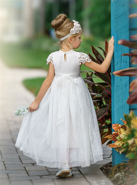Luciana Long Cap Sleeve Lace Flower Girl Dress Off White Sweetvalentina