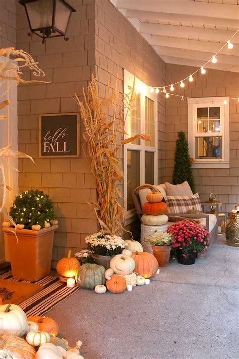 Neutral Fall Porch Decor With Pumpkins And Cornstalks Fall Home Decor