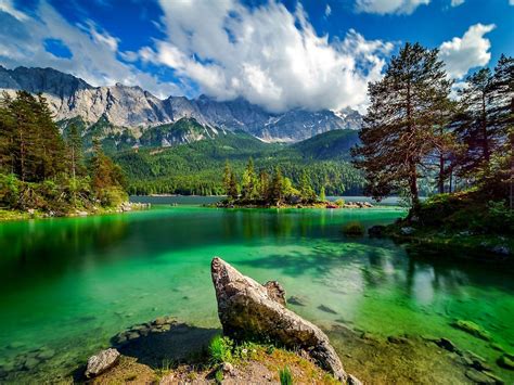 Eibsee Lake In Bavaria Ggermany Lake With Turquoise Green Water Rock