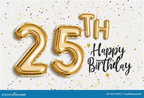 Happy 25th Birthday Gold Foil Balloon Greeting Background Stock