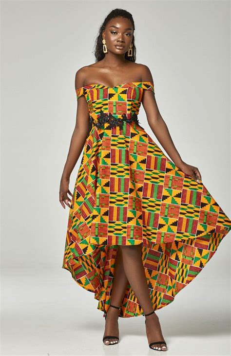 Kente African Print High Low Off Shoulder Dress Lace Waistband Kenya