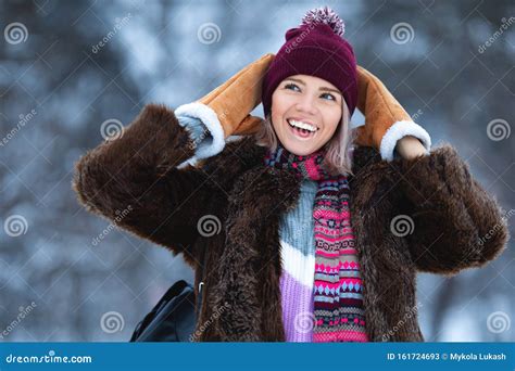 Happy Woman In Winter Time Excited Girl Enjoying Snowy Weather Stock
