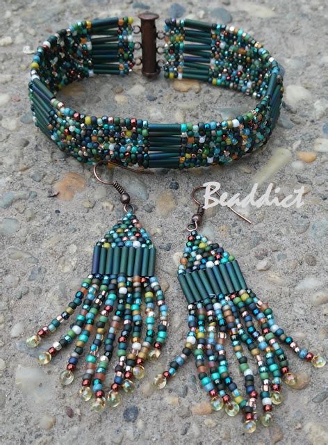 Set Of Earrings And Bracelet With Bugle Beads Designed And Beaded By
