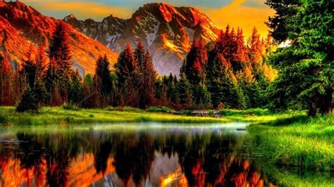 Lake Scenic Mountains Nature Beautiful Sunset Reflection Greenery Green
