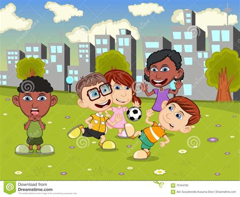 Little Kids Playing Soccer On The City Playground Cartoon