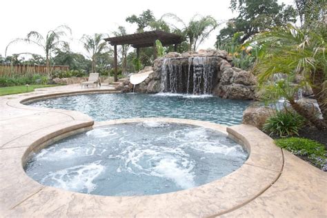 A Pool With A Waterfall In A Luxury Backyard Stock Image Image Of