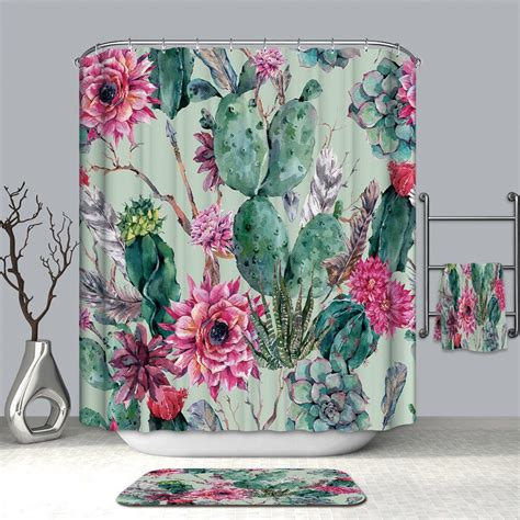 Cactus With Bloom Flower Painting Shower Curtain Cactus Shower Curtain