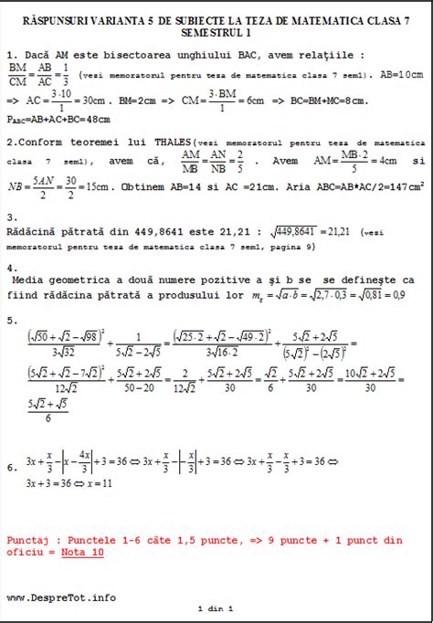 Teza Matematica Clasa 7 Sem 1 Rezolvata Varianta 5