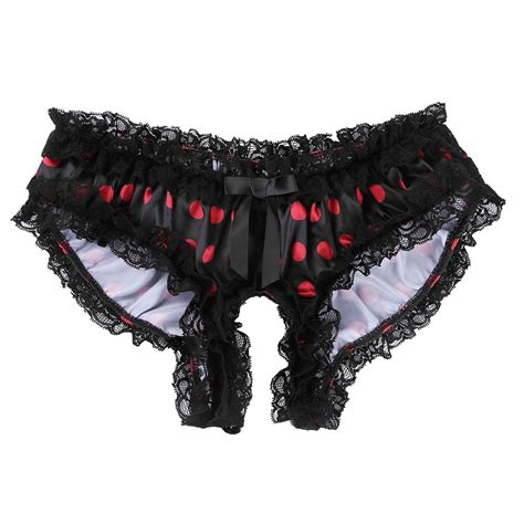 Buy Freebily Mens Shiny Satin Ruffled Lace Trim Open Crotch Boxer Briefs Sissy Maid Panties