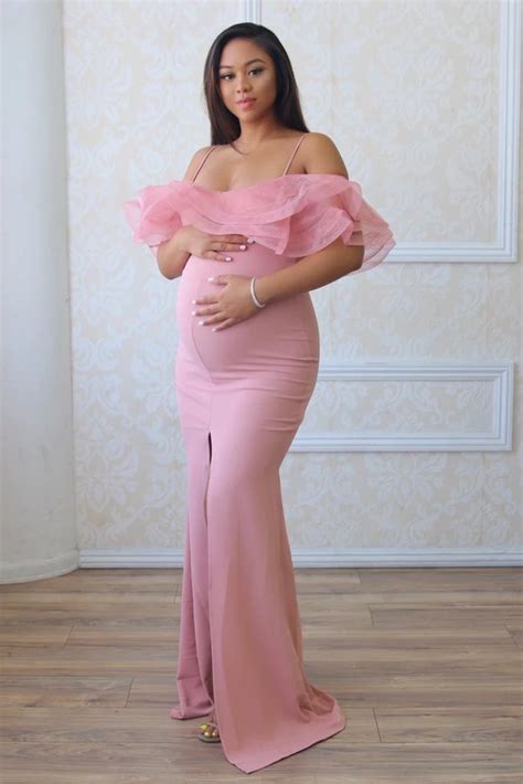 Elegant Pink Off The Shoulder Maternity Gown Baby Shower Dress Black