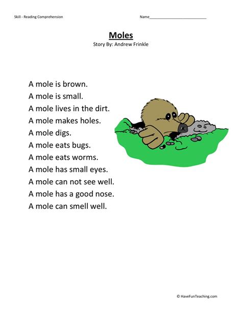 Moles Comprehension Worksheets