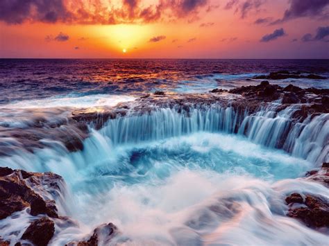 Gorgeous Falls In A Rocky Seashore At Sunset Hdr Hd Wallpaper 504254