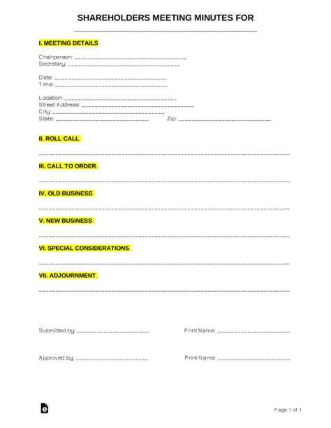 Free Shareholders Meeting Minutes Template Sample Pdf Word Eforms