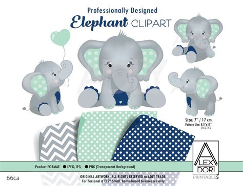 Mint Navy Blue Elephant Clipartbaby Peanut Clip Art Png Etsy