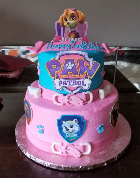 Paw Patrol Cake For A Girl Pink And Blue Featuring Skye And Everest
