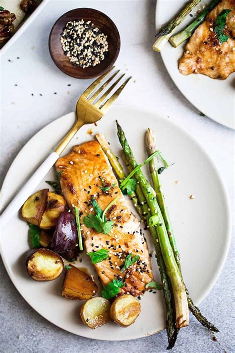 Lay out a large piece of foil. Maple, ginger and soy oven roasted salmon with potatoes and asparagus - Diala's Kitchen | Recipe ...