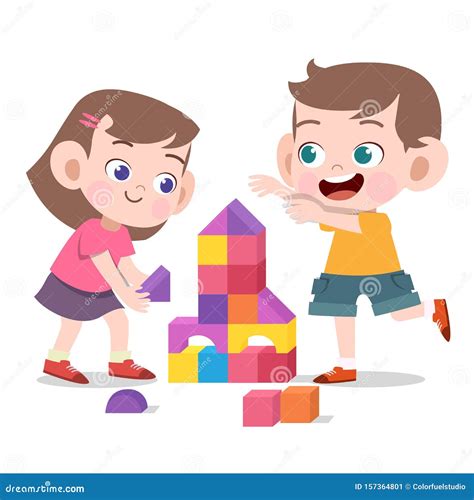 Kids Play With Toys Brick Vector Illustration Isolated Stock