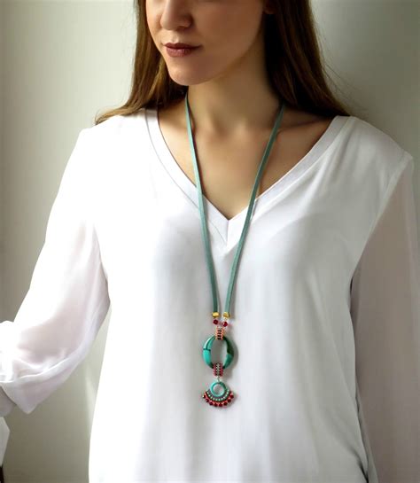 Long Statement Necklace Turquoise Red Necklace Leather Necklace