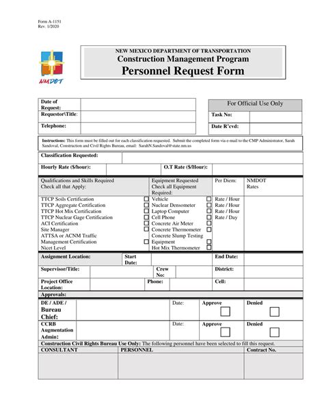 Form A 1151 Download Fillable Pdf Or Fill Online Personnel Request Form