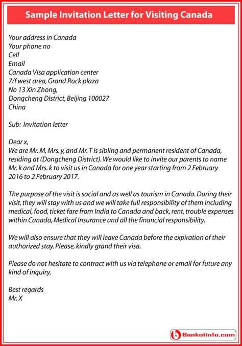 Letter Of Invitation Canada Sample