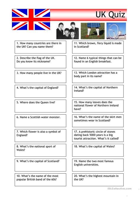 Quiz Uk Trivia English Esl Worksheets Trivia English Quiz Trivia