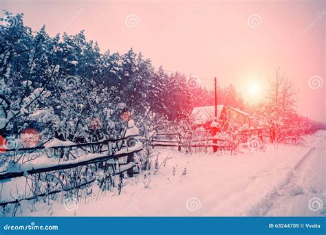 Sunrise Over Snowy Village Stock Image Image Of Snow 63244709