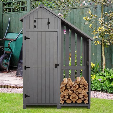 Garden Outdoor Wooden Tool Storage Shed With 3 Shelves Firewood Rack