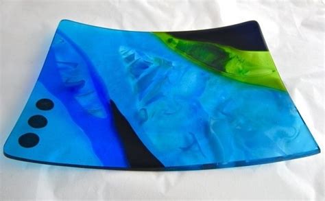 Custom Made Fused Glass Platter Ocean By Caron Art Glass