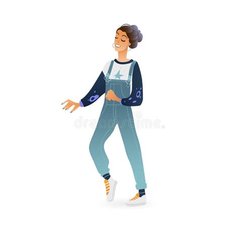Vector Young Woman Dancing In Overalls Isolated Stock Vector