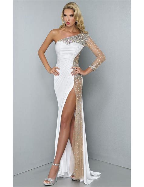 Shiny Crystal High Cut Leg Sexy Long Evening Dress With One Sleeve See