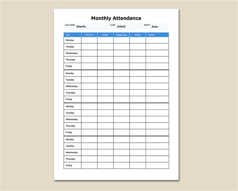 Daycare Monthly Attendance Sheet For Single Child With Etsy Nederland