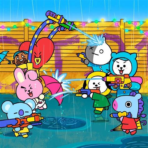Cartoon Characters Playing In The Rain With Umbrellas And Water
