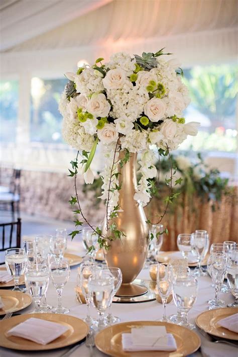 Nicolette Moku Photography Glamorous Gold Vase White Floral Wedding