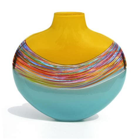 Art Glass Vase A Flattened Vase With Three Distinct Bands The Middle