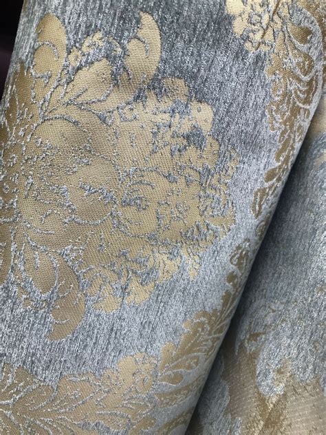 Designer Velvet Chenille Burnout Damask Upholstery Fabric Blue And Gold