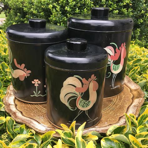 Ransburg Hand Painted Rooster Black Canister Nesting Set 3 Etsy
