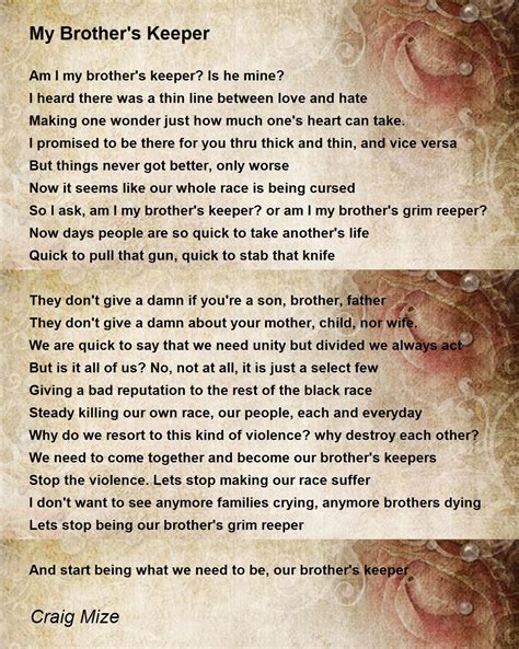 My Brothers Keeper My Brothers Keeper Poem By Craig Mize