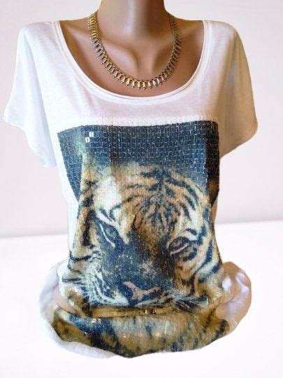 Top L Xl White T Shirt With Tiger Photo Of Tiger With Etsy