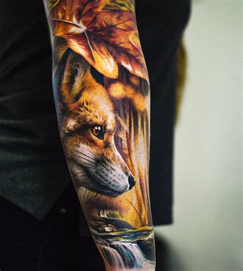 A Mans Arm With A Fox And Leaves On It