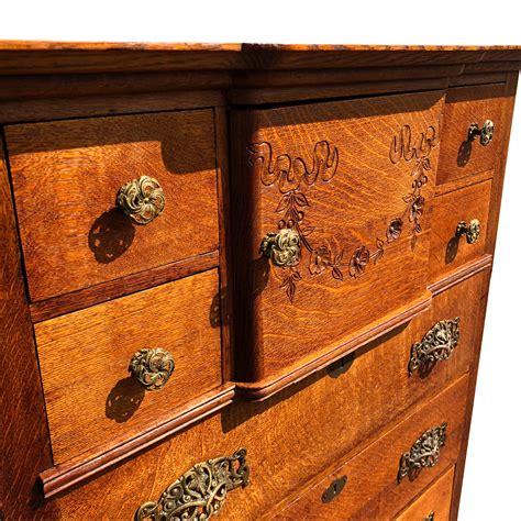 Antique Quartered Oak Bonnet Chest Of Drawers Farmhouse Dresser