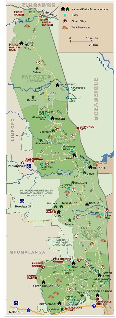 Kruger National Park Detailed Map Showing Roads Entrances Rest Camps
