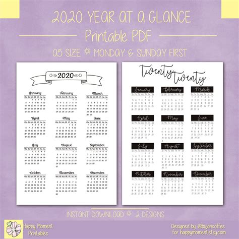 Bullet Journal 2020 Year At A Glance Calendar Printable Etsy