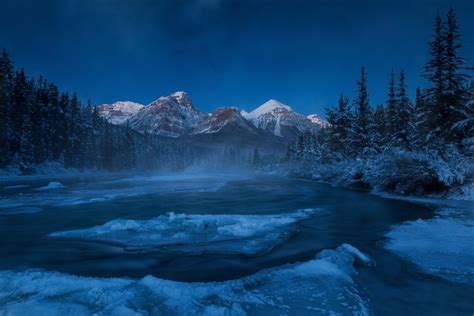 Alberta Canada Rocky Mountains River Mountain Forest Winter Ice Floes