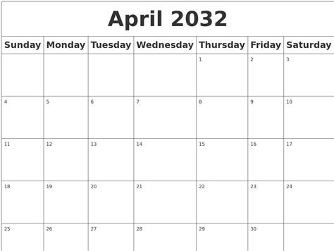 April 2032 Blank Calendar