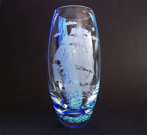Vintage Caithness Glass Etched Sailing Ship Barrel Vase Caithness Glass Milk Glass Sailing