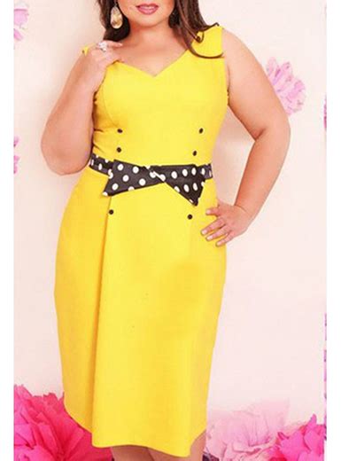 Plus Size Sheath Dress Yellow Polka Dot Waistline