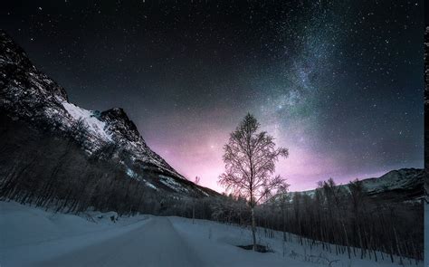 Nature Landscape Long Exposure Winter Road Norway Starry Night Forest